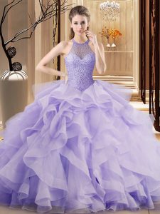 Fabulous Sleeveless Sweep Train Lace Up Beading and Ruffles Ball Gown Prom Dress