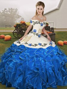 Low Price Blue And White Off The Shoulder Lace Up Embroidery and Ruffles Quince Ball Gowns Sleeveless