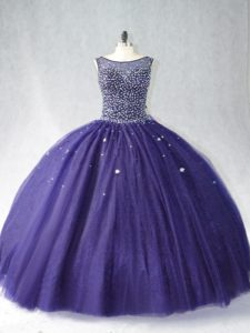 Purple Tulle Zipper Scoop Sleeveless Floor Length Quince Ball Gowns Beading