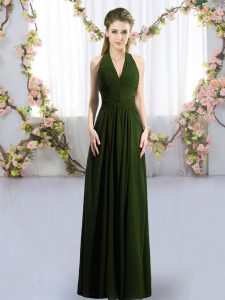 High Quality Olive Green Chiffon Lace Up Halter Top Sleeveless Floor Length Vestidos de Damas Ruching
