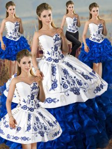 Stunning Blue And White Organza Lace Up Vestidos de Quinceanera Sleeveless Floor Length Embroidery and Ruffles