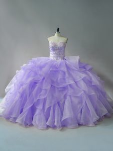 Sleeveless Beading and Ruffles Lace Up 15th Birthday Dress with Lavender Brush Train
