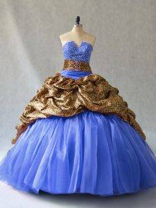 Adorable Blue Vestidos de Quinceanera Organza and Printed Brush Train Sleeveless Beading and Pick Ups