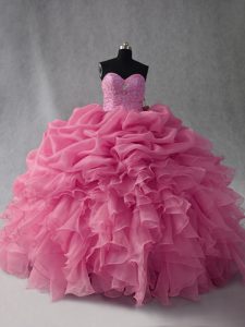 Flirting Rose Pink Ball Gowns Beading and Ruffles and Pick Ups Quince Ball Gowns Lace Up Organza Sleeveless Floor Length