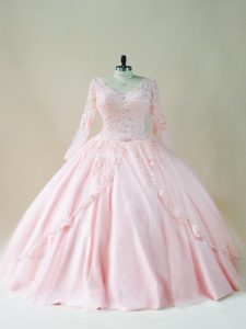 Flirting V-neck Long Sleeves Quinceanera Gowns Floor Length Beading and Appliques Baby Pink Satin and Tulle