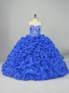 Sleeveless Beading and Pick Ups Lace Up Ball Gown Prom Dress with Blue Brush Train