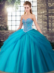 Spectacular Aqua Blue Sleeveless Brush Train Beading and Pick Ups Quinceanera Dress