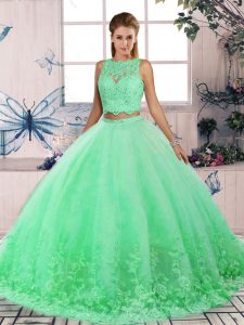 Colorful Turquoise Sleeveless Sweep Train Lace Sweet 16 Dresses