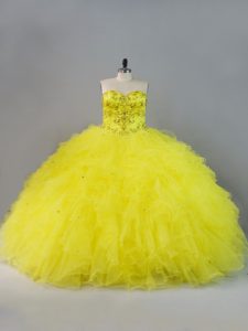 Custom Designed Tulle Sweetheart Sleeveless Lace Up Beading and Ruffles Sweet 16 Quinceanera Dress in Yellow Green