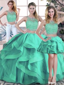Fashion Floor Length Turquoise Quince Ball Gowns Tulle Sleeveless Beading and Ruffles