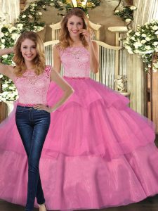 Admirable Hot Pink Scoop Neckline Lace and Ruffled Layers Quinceanera Dresses Sleeveless Lace Up
