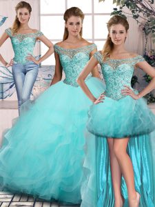 Deluxe Aqua Blue Sweet 16 Dress Tulle Sleeveless Beading and Ruffles