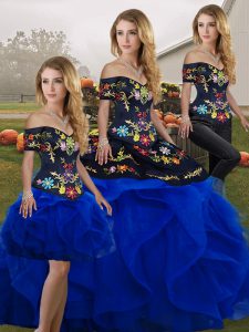 Latest Royal Blue Sleeveless Floor Length Embroidery and Ruffles Lace Up 15th Birthday Dress