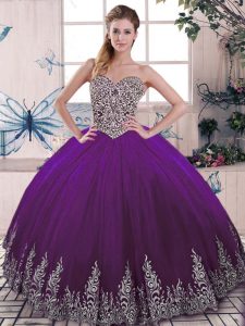 Purple Tulle Lace Up 15th Birthday Dress Sleeveless Floor Length Beading and Embroidery