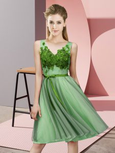 Apple Green Tulle Lace Up V-neck Sleeveless Knee Length Quinceanera Dama Dress Appliques