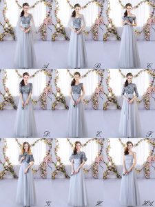 Superior Empire Dama Dress for Quinceanera Grey V-neck Tulle Sleeveless Floor Length Lace Up