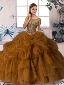 Super Sleeveless Organza Brush Train Zipper Quinceanera Gown in Brown with Beading and Pick Ups