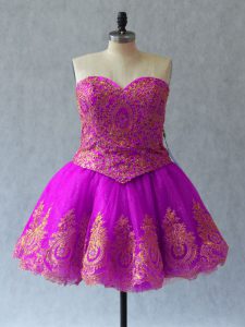 Fuchsia Tulle Lace Up Prom Dresses Sleeveless Mini Length Appliques and Embroidery
