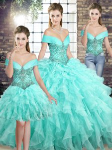 Three Pieces Sleeveless Aqua Blue Ball Gown Prom Dress Brush Train Lace Up