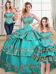 Pretty Aqua Blue Ball Gowns Embroidery and Ruffled Layers Quince Ball Gowns Lace Up Organza Sleeveless Floor Length