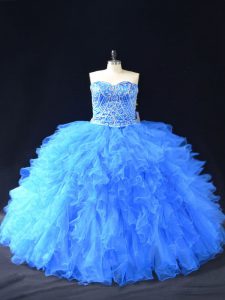 Modest Sleeveless Organza Floor Length Lace Up Quinceanera Dresses in Blue with Beading and Ruffles