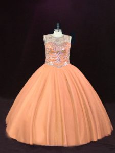 Peach Lace Up Vestidos de Quinceanera Beading Sleeveless Floor Length