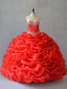 Pretty Red Lace Up Sweetheart Pick Ups and Hand Made Flower Sweet 16 Dresses Organza Sleeveless