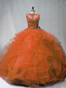 Perfect Rust Red Sleeveless Tulle Brush Train Lace Up Ball Gown Prom Dress for Sweet 16 and Quinceanera