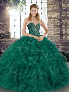 Shining Green Organza Lace Up Quinceanera Gowns Sleeveless Floor Length Beading and Ruffles