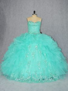 Spectacular Aqua Blue Ball Gowns Organza Sweetheart Sleeveless Beading and Appliques Floor Length Lace Up Quinceanera Dress