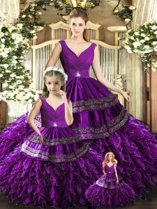 Super Organza Sleeveless Floor Length Quinceanera Dresses and Beading and Embroidery and Ruffles