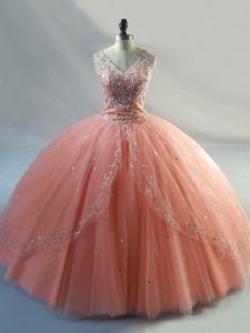 Elegant V-neck Sleeveless Tulle 15th Birthday Dress Beading Lace Up