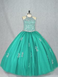 Turquoise Ball Gowns Tulle Halter Top Sleeveless Beading and Appliques Floor Length Lace Up Ball Gown Prom Dress