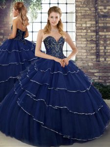 Navy Blue Ball Gowns Beading and Ruffled Layers Sweet 16 Dresses Lace Up Tulle Sleeveless