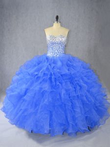 Ball Gowns Quinceanera Dresses Blue Sweetheart Organza Sleeveless Floor Length Lace Up