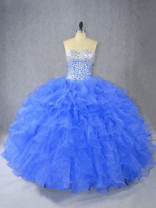 Ball Gowns Quinceanera Dresses Blue Sweetheart Organza Sleeveless Floor Length Lace Up