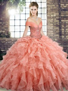 Peach Quinceanera Dress Military Ball and Sweet 16 and Quinceanera with Beading and Ruffles Off The Shoulder Sleeveless Brush Train Lace Up