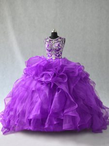 Romantic Purple Organza Lace Up Scoop Sleeveless Floor Length Quinceanera Gowns Beading and Ruffles