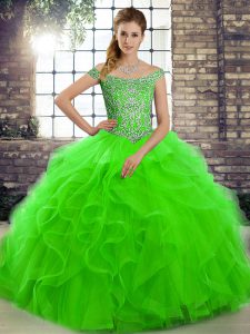 Perfect Green Off The Shoulder Lace Up Beading and Ruffles Vestidos de Quinceanera Brush Train Sleeveless