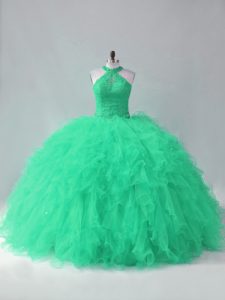 Deluxe Turquoise Sleeveless Tulle Lace Up Vestidos de Quinceanera for Sweet 16 and Quinceanera