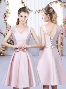 Sweet Asymmetric Sleeveless Dama Dress for Quinceanera Mini Length Bowknot Baby Pink Satin