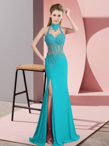 Pretty Column/Sheath Homecoming Dress Aqua Blue Halter Top Chiffon Sleeveless Floor Length Backless