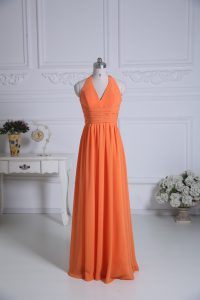 Orange Empire Halter Top Sleeveless Chiffon Floor Length Zipper Ruching Dama Dress for Quinceanera