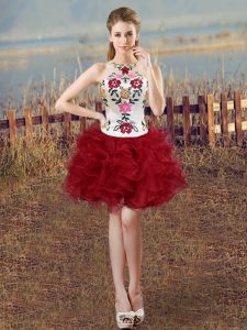 White And Red Sleeveless Embroidery and Ruffles Mini Length Homecoming Dress