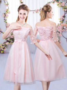 Customized Baby Pink Tulle Lace Up Off The Shoulder Half Sleeves Tea Length Dama Dress Lace and Belt