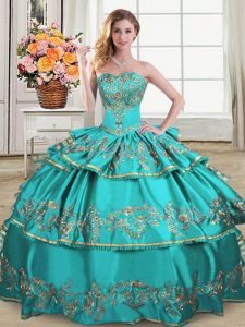 Sleeveless Satin and Organza Floor Length Lace Up 15 Quinceanera Dress in Aqua Blue with Embroidery and Ruffled Layers