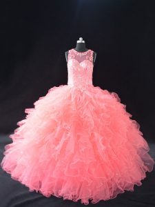 Extravagant Watermelon Red Scoop Lace Up Beading and Ruffles Quince Ball Gowns Sleeveless