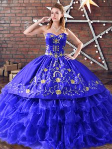 Glorious Embroidery and Ruffled Layers Quinceanera Gowns Royal Blue Lace Up Sleeveless Floor Length