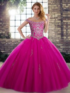 Discount Floor Length Fuchsia Sweet 16 Dress Tulle Sleeveless Beading