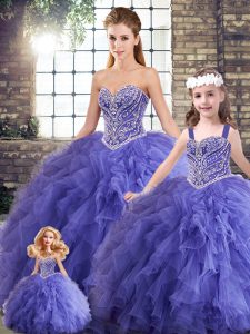 Super Lavender Sleeveless Floor Length Beading and Ruffles Lace Up Quinceanera Dress